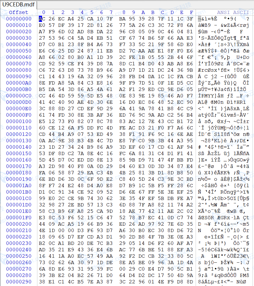 U9数据库被加密后底层十六进制数据呈现乱码状态